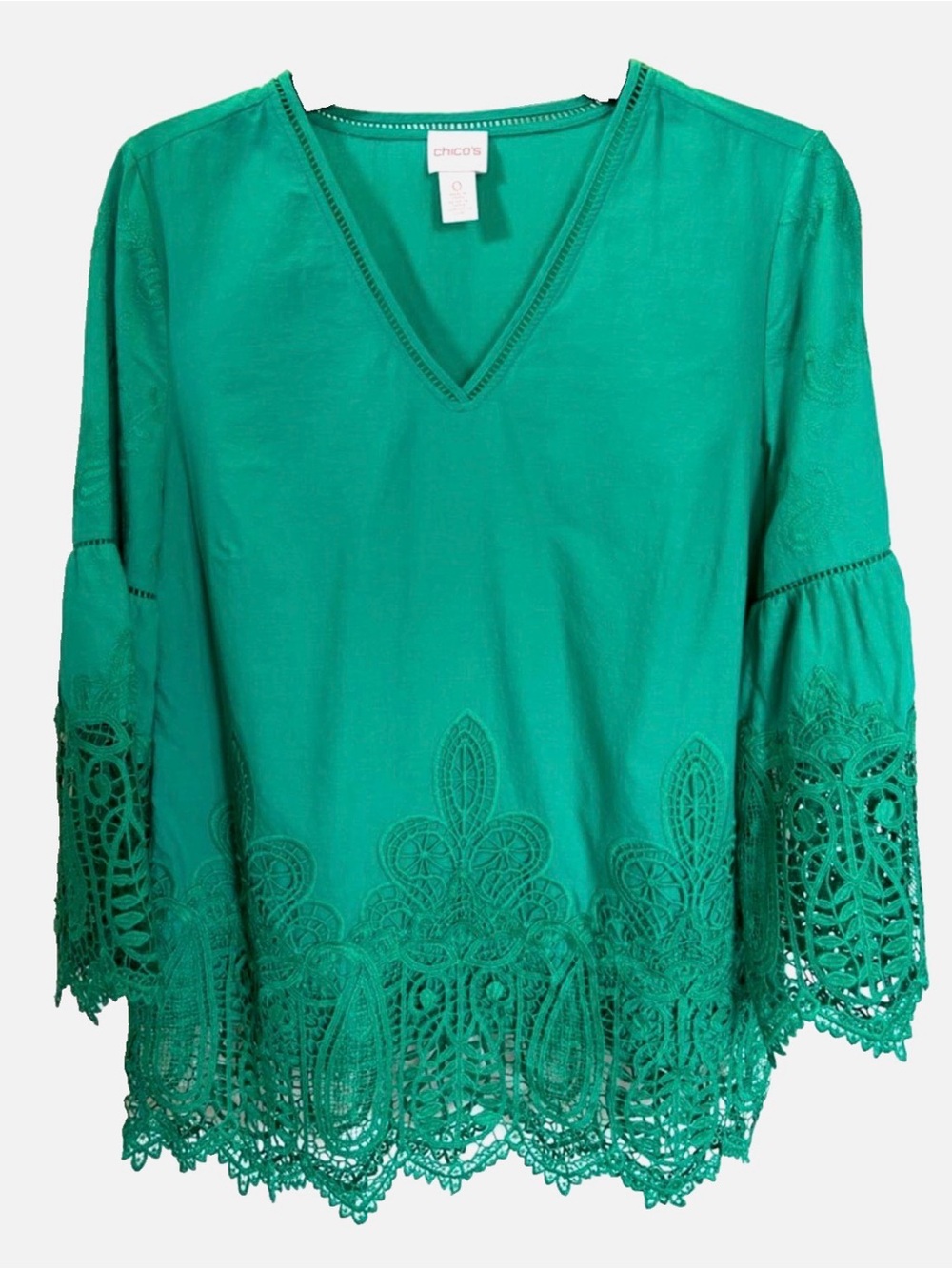 Chico’s Size 0 S Emerald Green Crochet Lace Bell Sleeve Boho Tunic Blouse